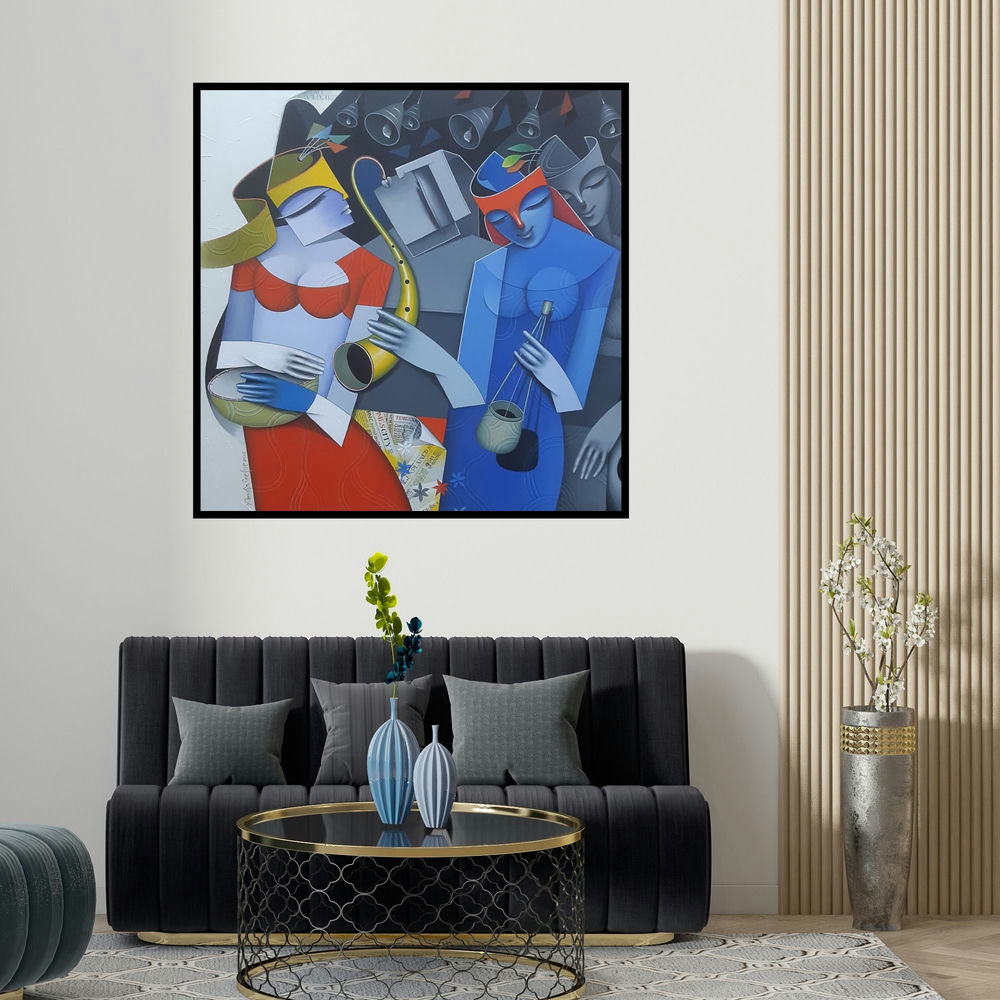 Pradip Sarkar's 'Divine Tunes 4 (Harmonious Ensemble**)' painting visualized above a sofa in a contemporary room.