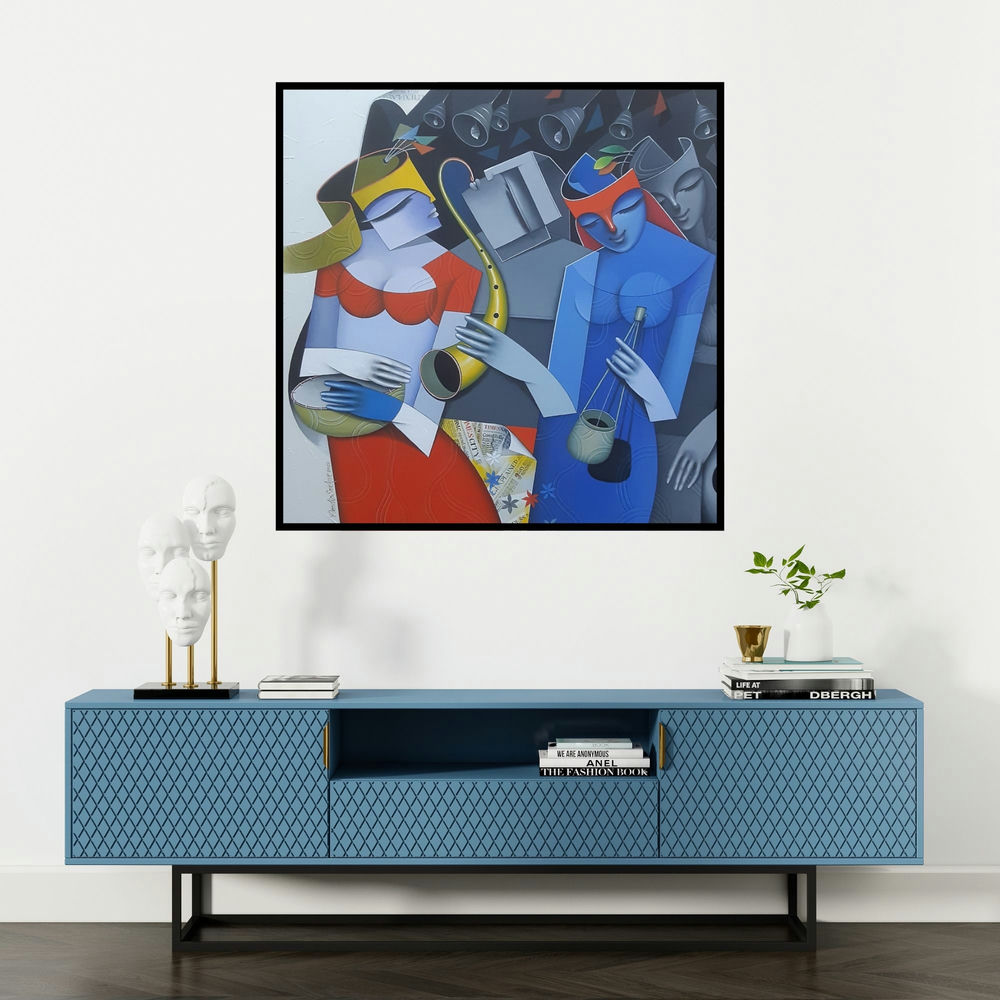 'Divine Tunes 4 (Harmonious Ensemble**)' painting by Pradip Sarkar shown on a wall in a furnished room.