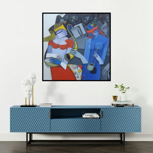 'Divine Tunes 4 (Harmonious Ensemble**)' painting by Pradip Sarkar shown on a wall in a furnished room.