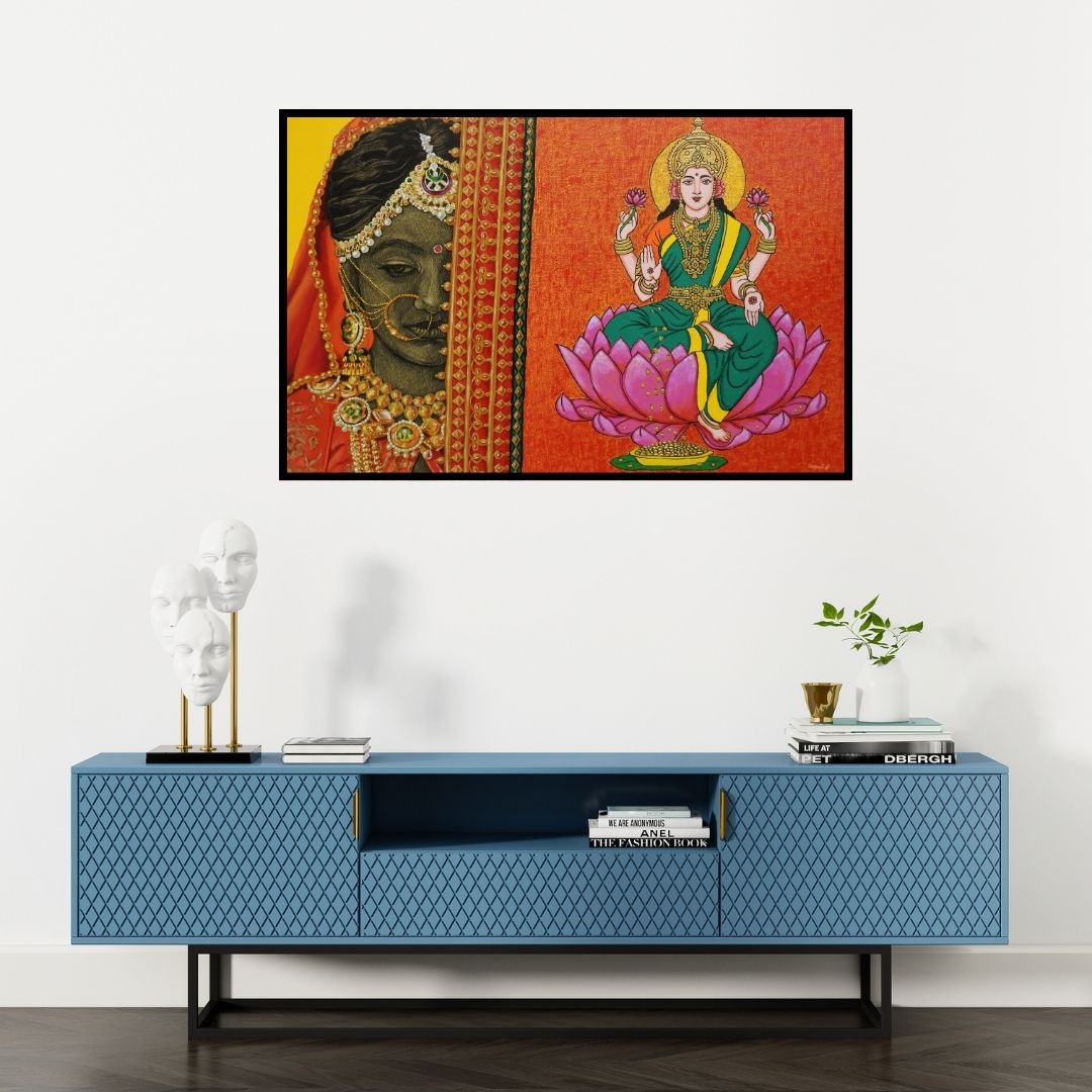 Preview of 'The Divine Within (Lakshmi Prosperity and Beauty)' Painting by Deepali S shown on a wall in a furnished room.