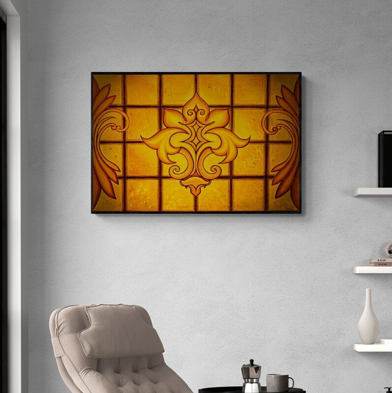 In-situ view of Manju Lamba's 'Divinity (Golden Lattice)' painting in a room