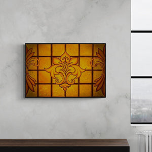 Preview of 'Divinity (Golden Lattice)' Painting by Manju Lamba shown on a wall in a furnished room.