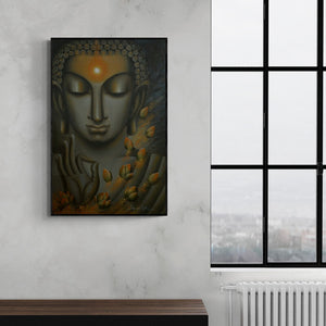 Preview of 'Divyajyoti' Painting by Madhumita Bhattacharya shown on a wall in a furnished room.