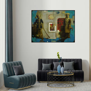 Sanjib Gogoi's 'Do Yuvraj' painting visualized above a sofa in a contemporary room.
