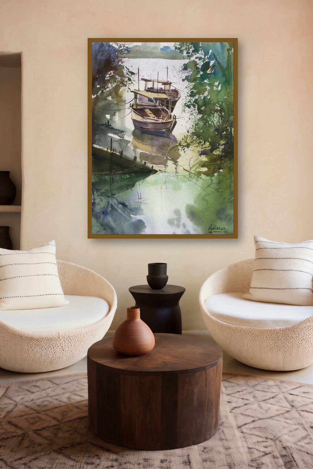 Docked Beauties (Moored Boats) by artist Gulshan Achari displayed in a Luxury gallery