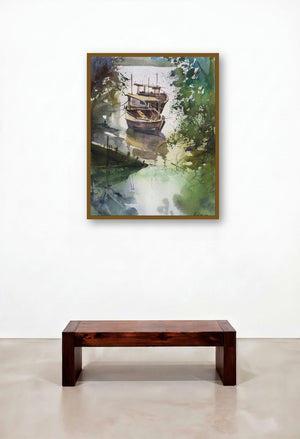 Docked Beauties (Moored Boats) by artist Gulshan Achari displayed in a Industrial Living Room