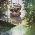 Seascape watercolor painting titled 'Docked Beauties', 18x13 inches, by artist Gulshan Achari on Paper