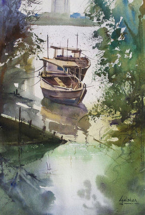 Docked Beauties (Moored Boats) by Gulshan Achari, Original Watercolor Seascape Painting on Paper, Small Vertical Wall Art