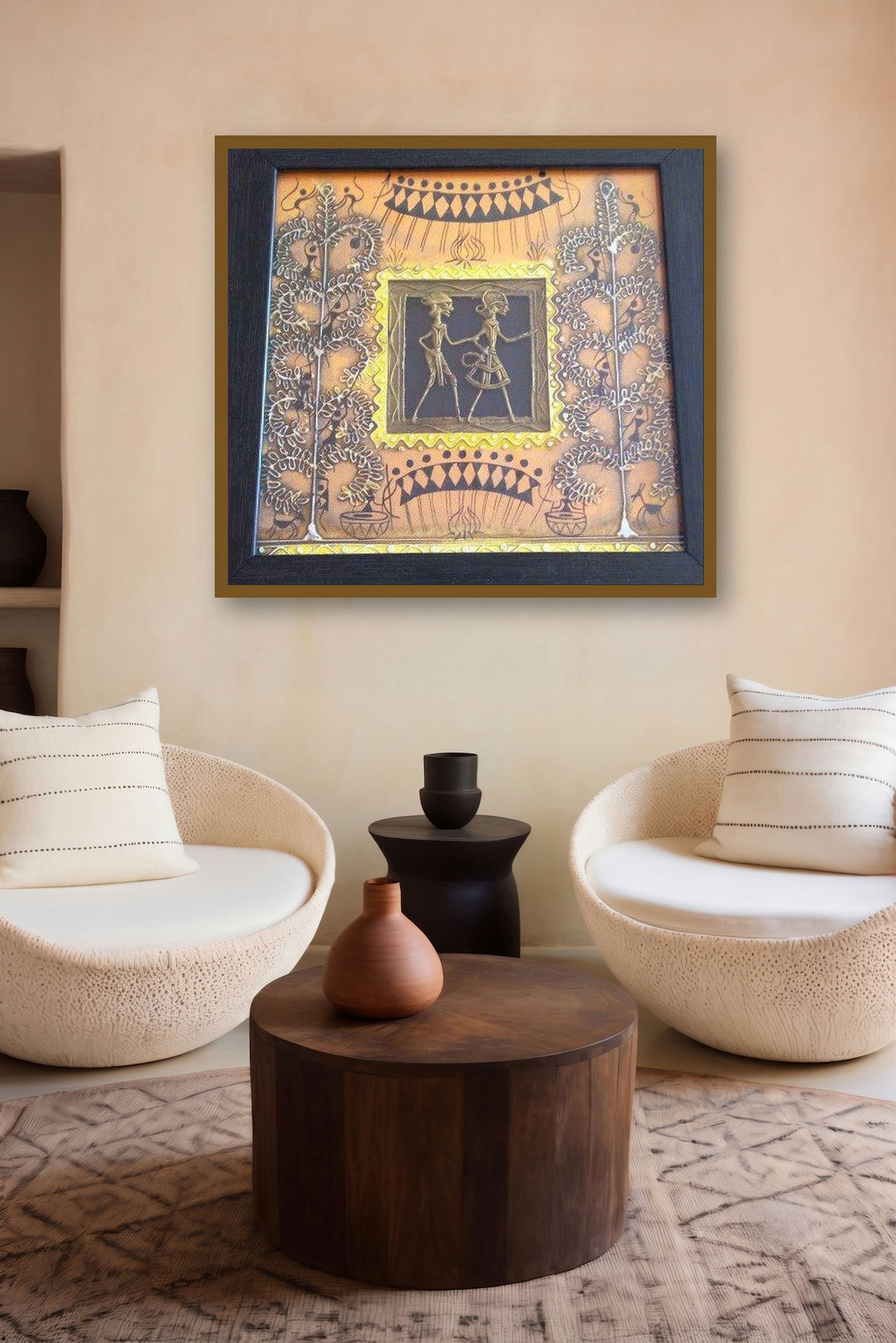 Dokra Art 12 (Echoes of the Forest) by artist Pradeep Swain displayed in a Modern gallery