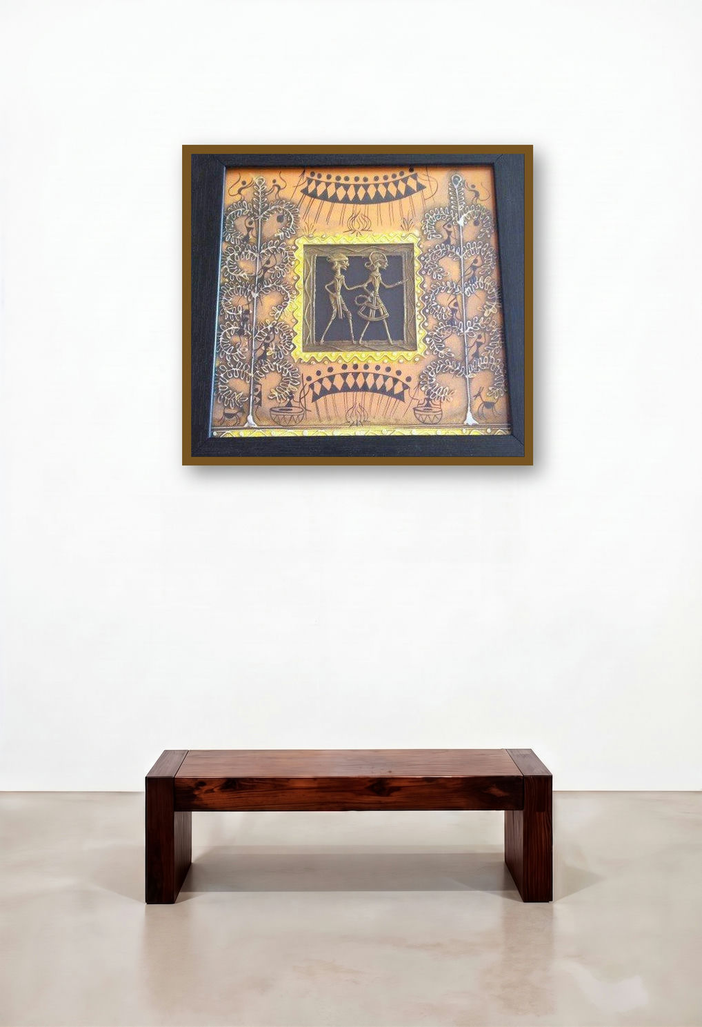 Dokra Art 12 (Echoes of the Forest) by artist Pradeep Swain displayed in a Eclectic Hallway