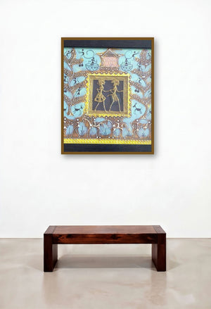 Dokra Art 14 (Duet of Life) by artist Pradeep Swain displayed in a Mid-Century Modern Study