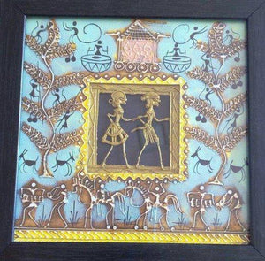 Dokra Art 14 (Duet of Life) by Pradeep Swain, Original Tribal Folk Art Painting on Canvas, X-Small Square Wall Art