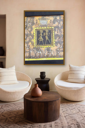 Dokra Art 17 (Framed Tribal Art Painting) by artist Pradeep Swain displayed in a Contemporary gallery