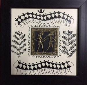 Dokra Art 3 (Intertwined Spirits) by Pradeep Swain, Original Tribal Folk Art Painting on Canvas, X-Small Square Wall Art