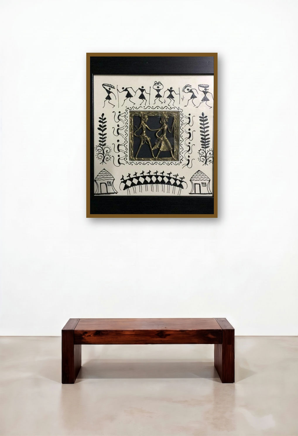 Dokra Art 4 (Spirit of Togetherness) by artist Pradeep Swain displayed in a Minimalist Hotel Lobby