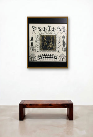 Dokra Art 4 (Spirit of Togetherness) by artist Pradeep Swain displayed in a Minimalist Hotel Lobby