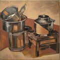 The Domestic Sequence' still-life acrylic painting by artist Mona Dalal, 18x18 inch, on canvas