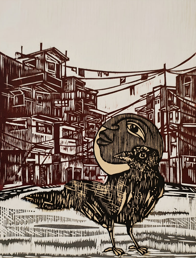 Dont Ignore Me 12' contemporary wood cut printmaking by artist Arvind Sharma, 12x8 inch, on paper