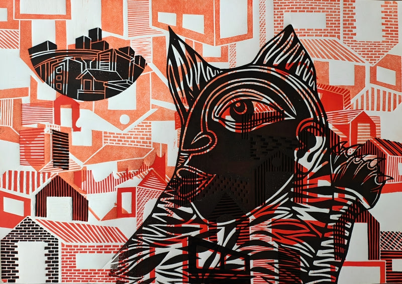 Dont Ignore Me 2' animals wood cut printmaking by artist Arvind Sharma, 12x16 inch, on paper