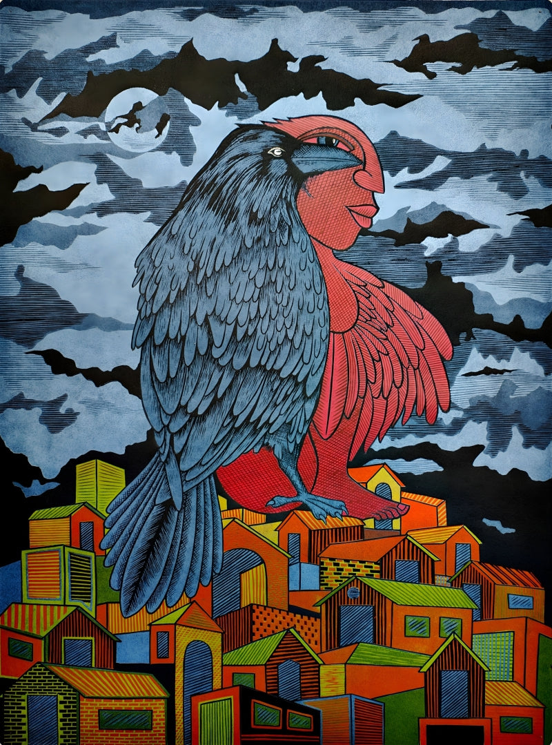 Dont Ignore Me 3' contemporary wood cut printmaking by artist Arvind Sharma, 30x22 inch, on paper