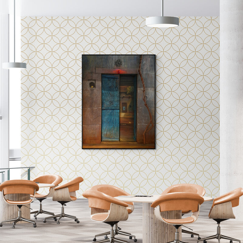 Preview of 'The Door (Threshold)' Painting by Gopal Pardeshi shown on a wall in a furnished room.