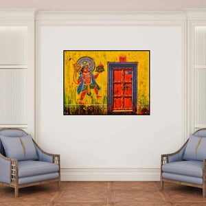 'Door 30 (Hanuman's Vigil)' painting by Anil Kumar Yadav shown on a wall in a furnished room.