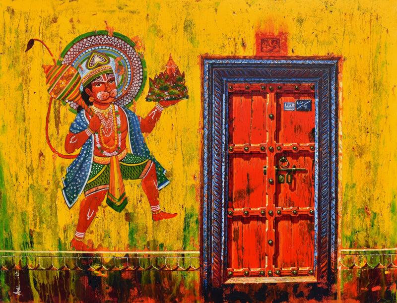 Religious acrylic painting titled 'Door 30', 36x48 inches, by artist Anil Kumar Yadav on Canvas