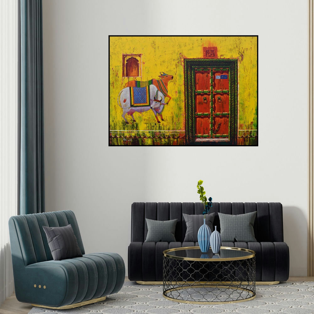 Anil Kumar Yadav's 'Door 33 (Rustic Charm)' painting visualized above a sofa in a contemporary room.