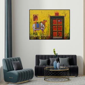 Anil Kumar Yadav's 'Door 33 (Rustic Charm)' painting visualized above a sofa in a contemporary room.