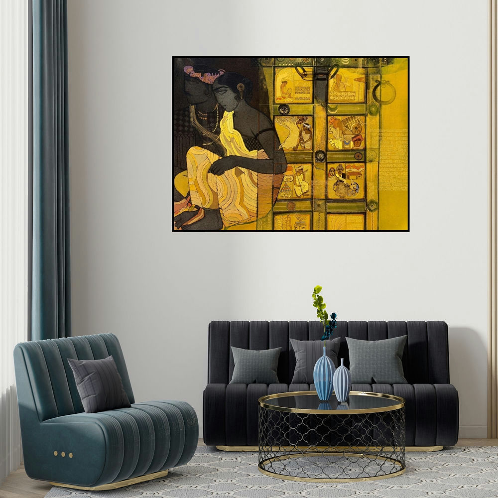 Siddharth Shingade's 'Door 6 (Couple with Village Scenes)' painting visualized above a sofa in a contemporary room.