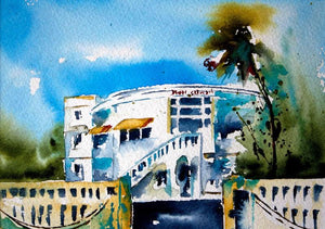 Douanes (Seaside Serenity: A Watercolor Retreat) by Veronique Piaser-Moyen, Original Watercolor Cityscape Painting on Paper, X-Small Horizontal Wall Art