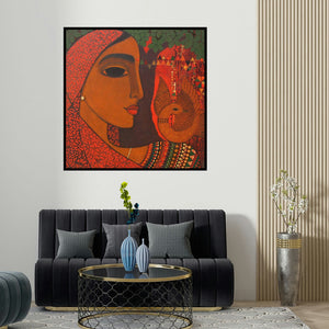 Mamta Mondkar's 'Dove (Natures Embrace: A Portrait in Earth Tones)' painting visualized above a sofa in a contemporary room.