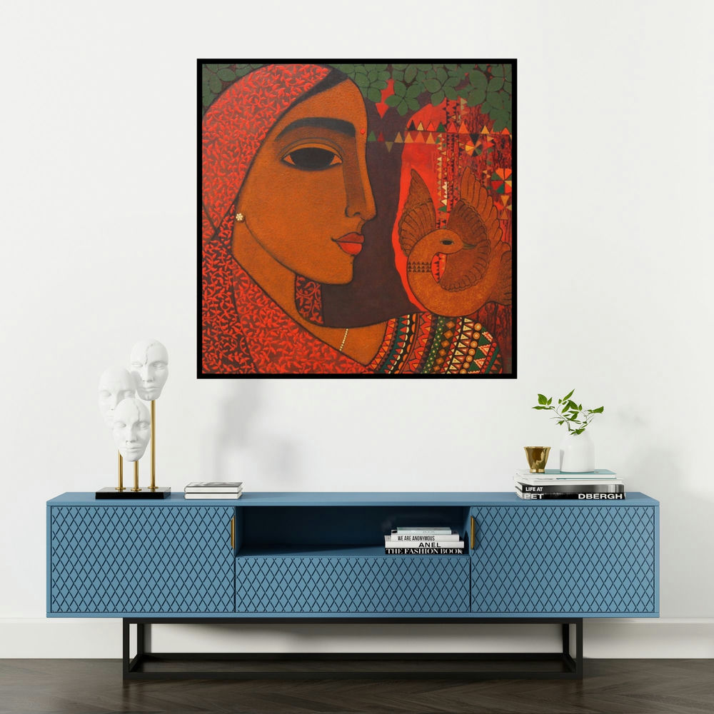 'Dove (Natures Embrace: A Portrait in Earth Tones)' painting by Mamta Mondkar shown on a wall in a furnished room.