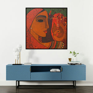 'Dove (Natures Embrace: A Portrait in Earth Tones)' painting by Mamta Mondkar shown on a wall in a furnished room.