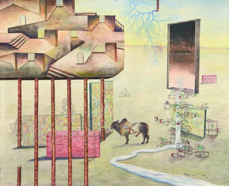 contemporary gouache painting titled 'Down Town 1', 25x30 inches, by artist Satya Vijay Singh on Paper