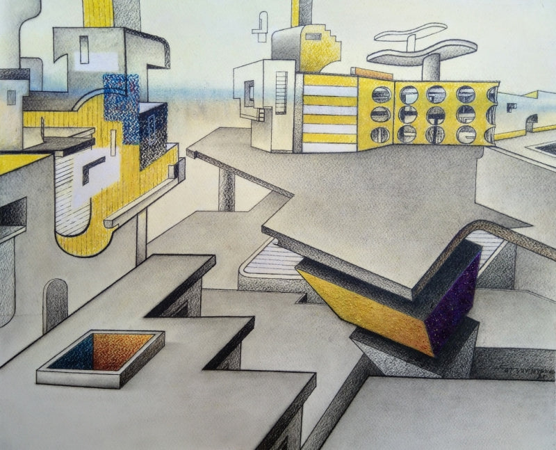 Down Town 11' contemporary mixed-media painting by artist Satya Vijay Singh, 18x20 inch, on paper