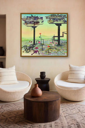 Down Town 2 (The Underwater Metropolis) by artist Satya Vijay Singh displayed in a Indian Art gallery