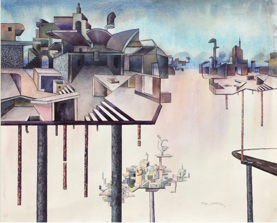 Down Town 3' contemporary gouache painting by artist Satya Vijay Singh, 24x30 inch, on paper