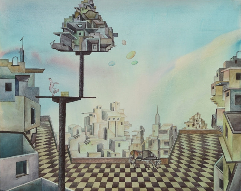 Down Town 4' contemporary gouache painting by artist Satya Vijay Singh, 24x30 inch, on paper
