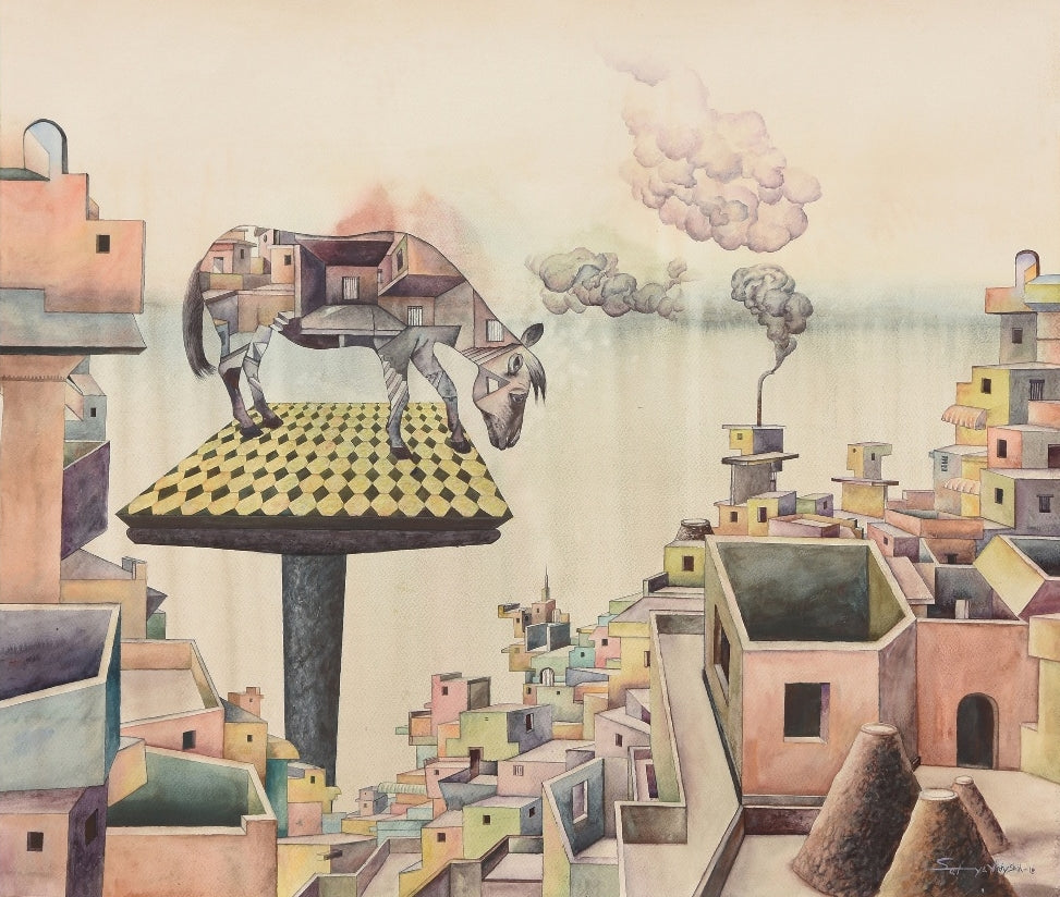 Down Town 5' contemporary gouache painting by artist Satya Vijay Singh, 24x30 inch, on paper