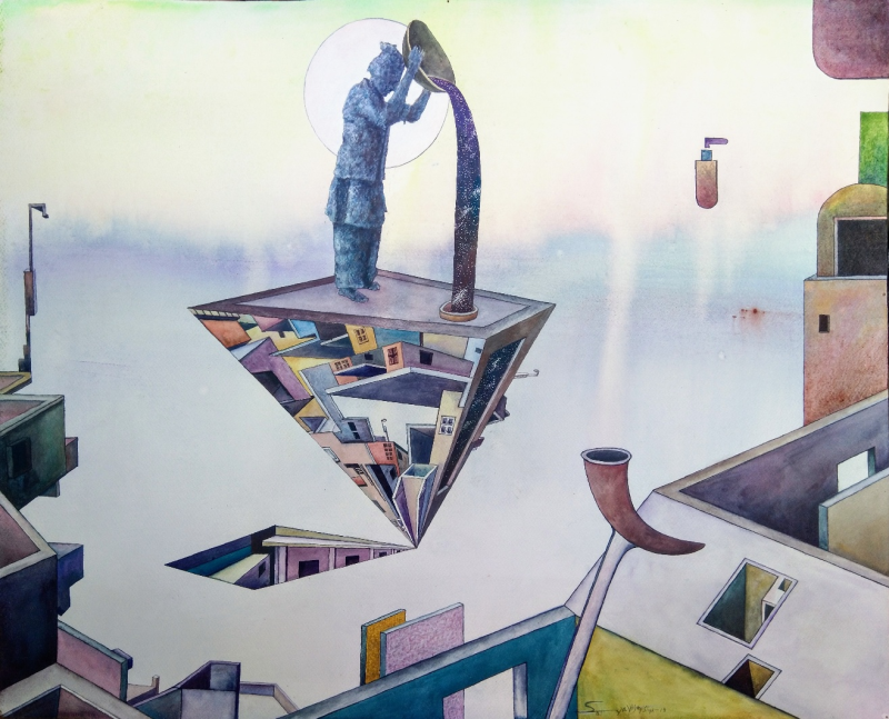 Down Town 7' contemporary mixed-media painting by artist Satya Vijay Singh, 25x30 inch, on paper