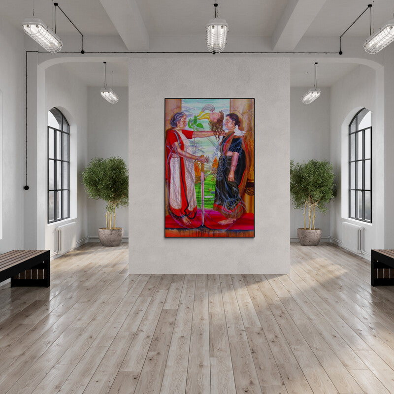 Sumana Som's painting 'Dramatic Dream (Hatching Dreams)' displayed in a modern living room setting