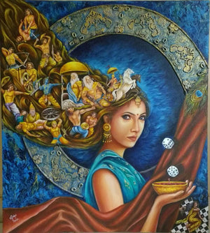 Draupadi (The Cosmic Game) by Sonia Kumar, Original Acrylic Surrealist Painting on Canvas, Medium Vertical Wall Art