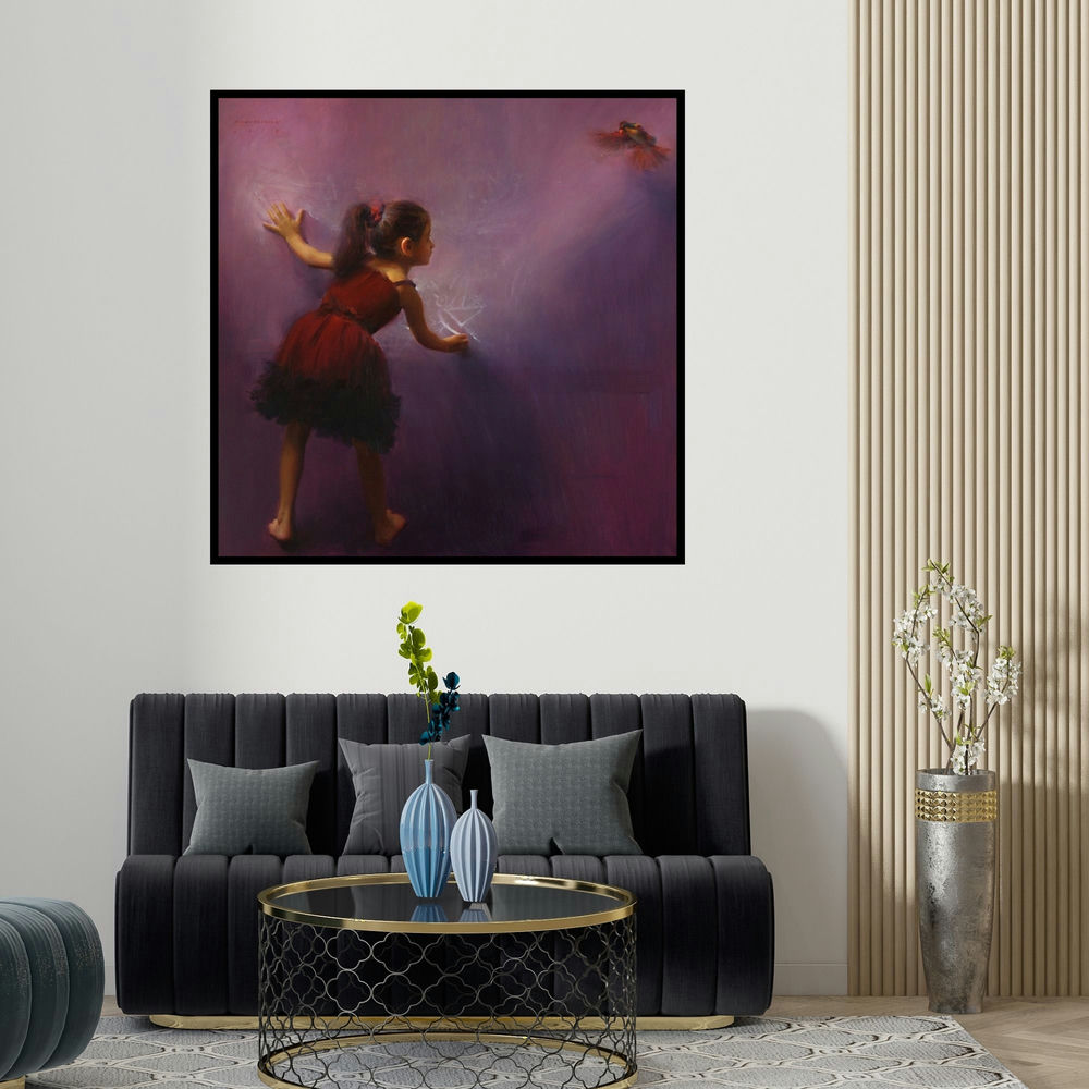 Pramod Kurlekar's 'Draw Wings (Urban Tapestry)' painting visualized above a sofa in a contemporary room.