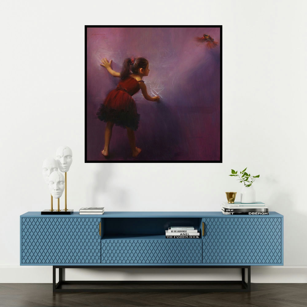 'Draw Wings (Urban Tapestry)' painting by Pramod Kurlekar shown on a wall in a furnished room.