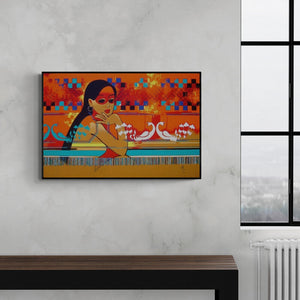 Prakash Pore's 'Dream 02 (Graceful Contemplation)' Painting visualized above a sofa in a contemporary room