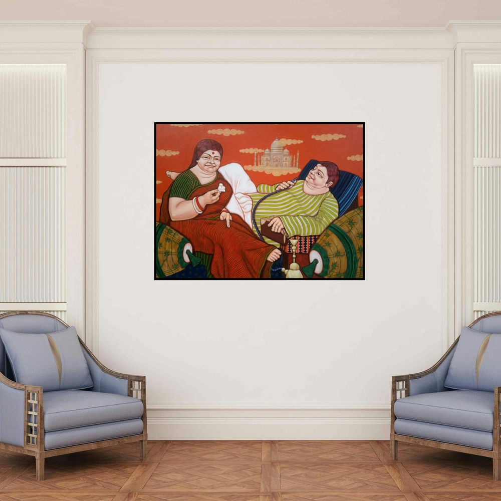 'The Dream' painting by Apurba Karati shown on a wall in a furnished room.