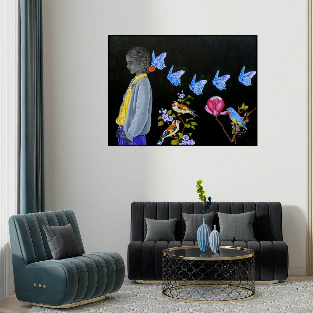 Deepali S's 'Dream' painting visualized above a sofa in a contemporary room.