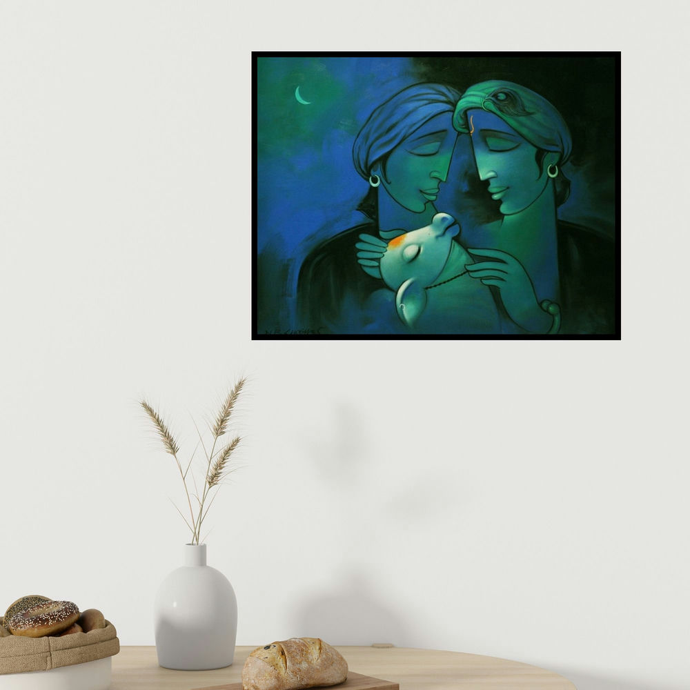 Navnath Chobhe's 'Dream' painting visualized above a sofa in a contemporary room.