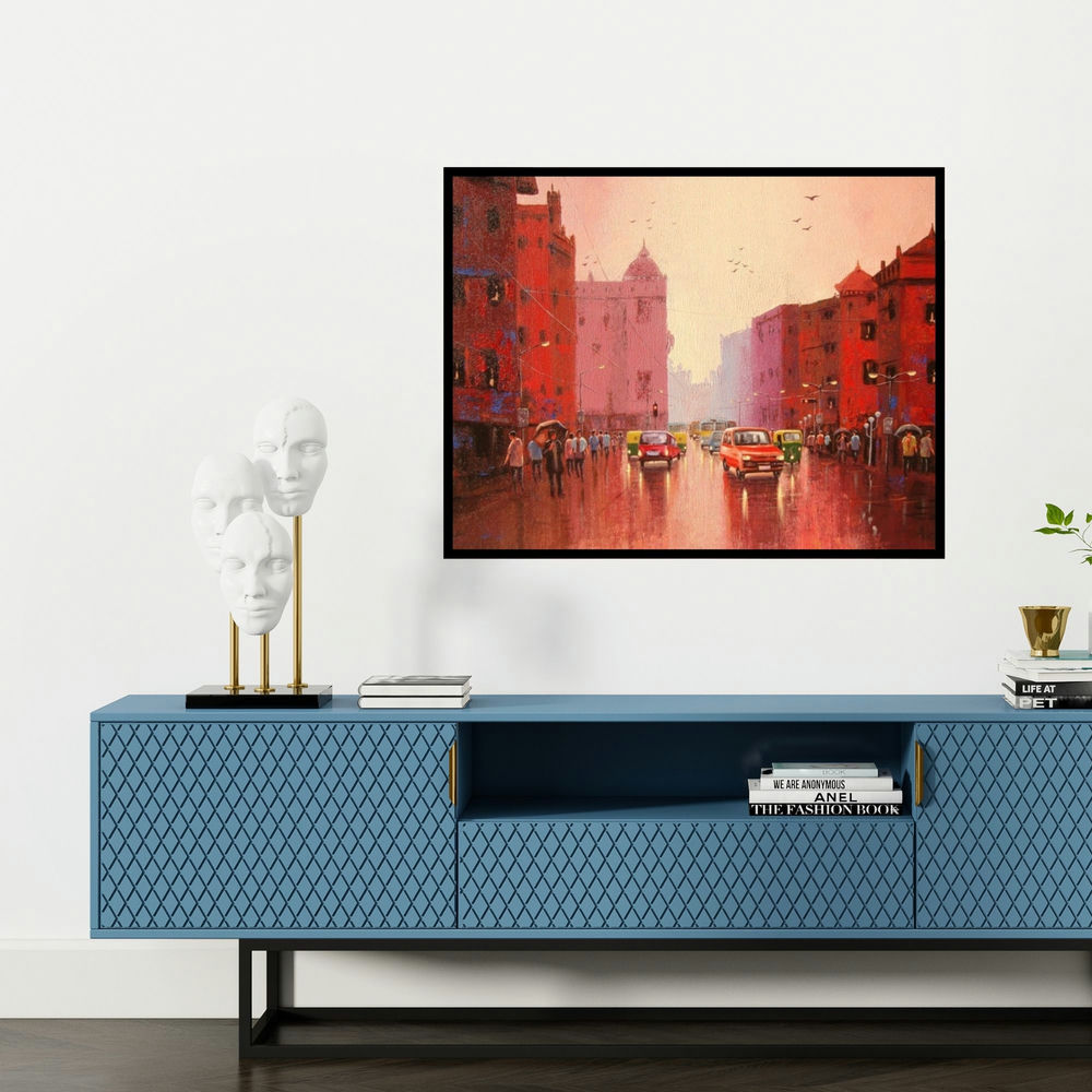 'Dream' painting by Navnath Chobhe shown on a wall in a furnished room.